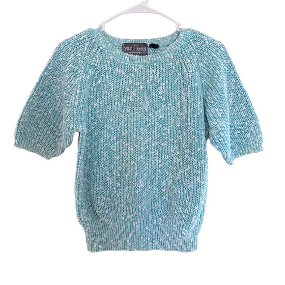 Yarn Works Petite Mint Green White Knit Short Sleeve Sweater - Picture 1 of 7